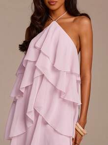 COSMINA Halter Neck Ruffle Pale Yellow Dress, Vacation Casual Party Halter Neck Dress, Pale Yellow Ruffle Dress, Yellow Ruffle Dress - Baby Pink - View 5