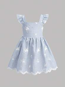 SHEIN Young Girl Cute Vacation Blue And White Striped Embroidered Dress - Multicolor - View 5