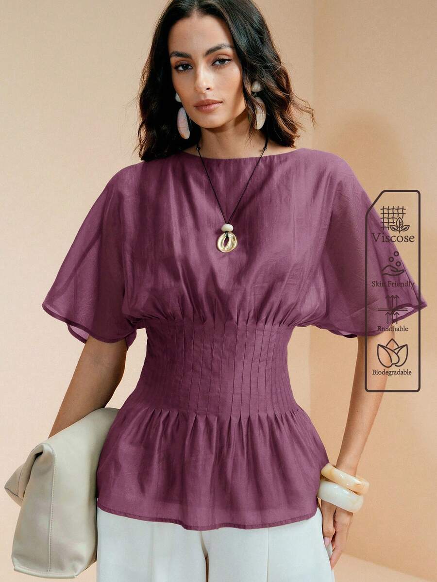 Arave Women's X-Shaped Round Neck Short Sleeve Pleated Waist Ruffle Hem Casual French Elegant Commuter Top Teachers' Day Office Brunch Mauve Purple Summer - Purple - View 1