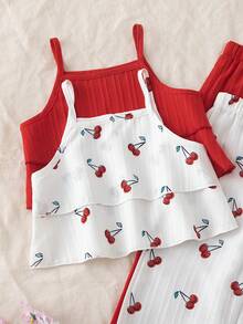 SHEIN Playful Pals 女童夏季泡泡紋理雙層荷葉邊吊帶背心上衣 + 寬鬆寬腿長褲，櫻桃數位印花 & 紅色純色 4 件套，柔軟親膚，韓系甜美風，適合 4-7 歲幼童，日常穿著、居家、外出及夏季度假的百搭套裝 - 彩色 - 查看 7