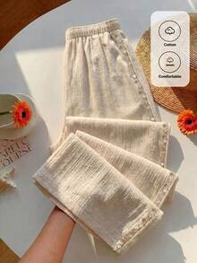 Comfortcana Quần ống rộng dáng suông, màu trơn, chất liệu vải nhăn, có dây rút, thích hợp cho kỳ nghỉ hè, cỡ lớn. - Màu be - Xem 6