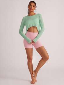 Activina Women's Solid Color Cropped Lettuce Edge Long Sleeve Casual Sports T-Shirt - Green - View 4