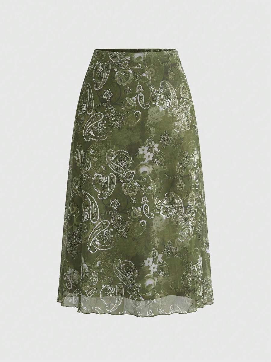 ROMWE Fairycore Plus Size Women's Bohemian Pattern Mesh Print A-Line Skirt - Green - View 1