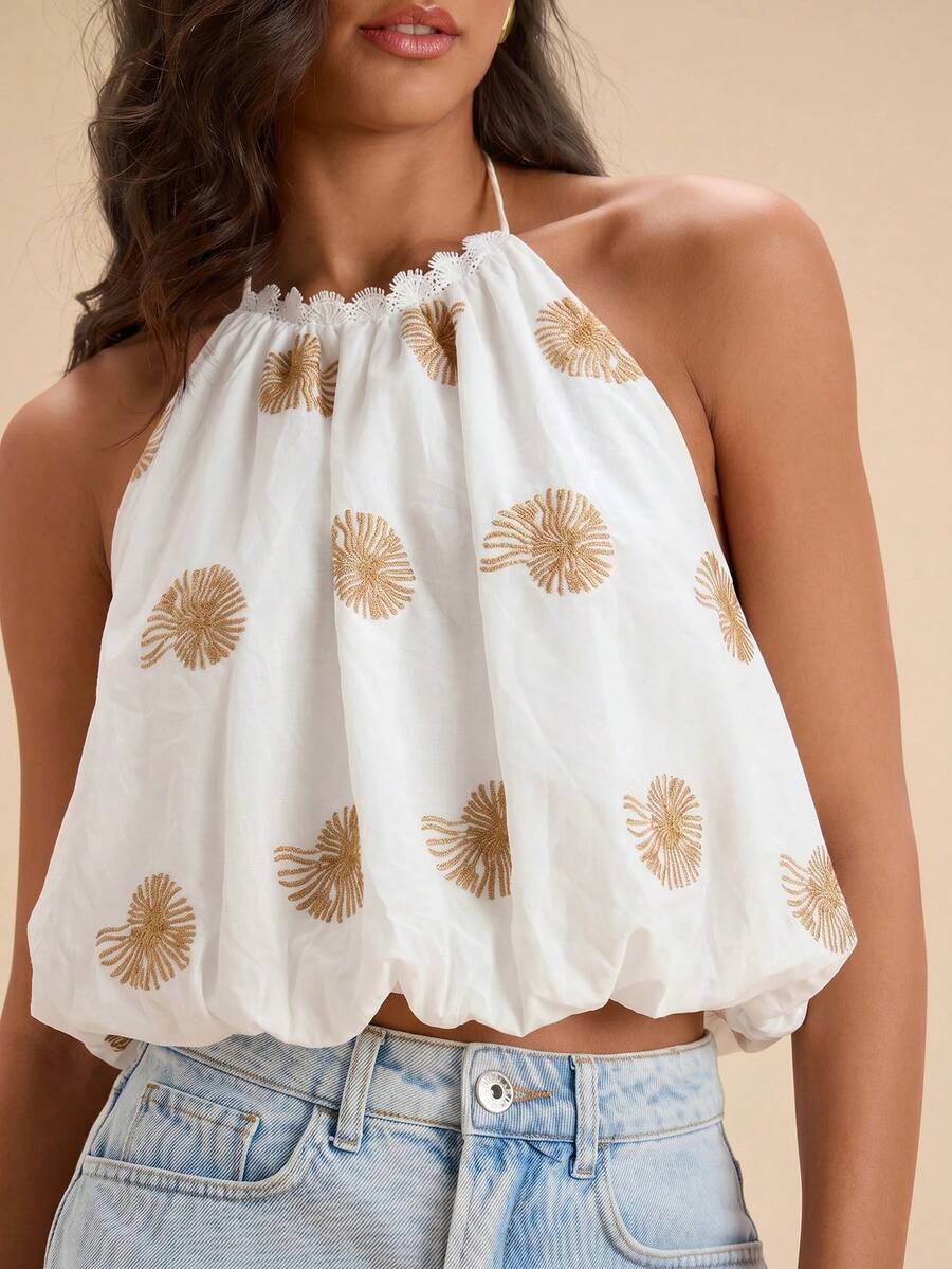 Travachic Embroidered Sleeveless Spaghetti Strap Cropped Fashionable Summer Top - White - View 1