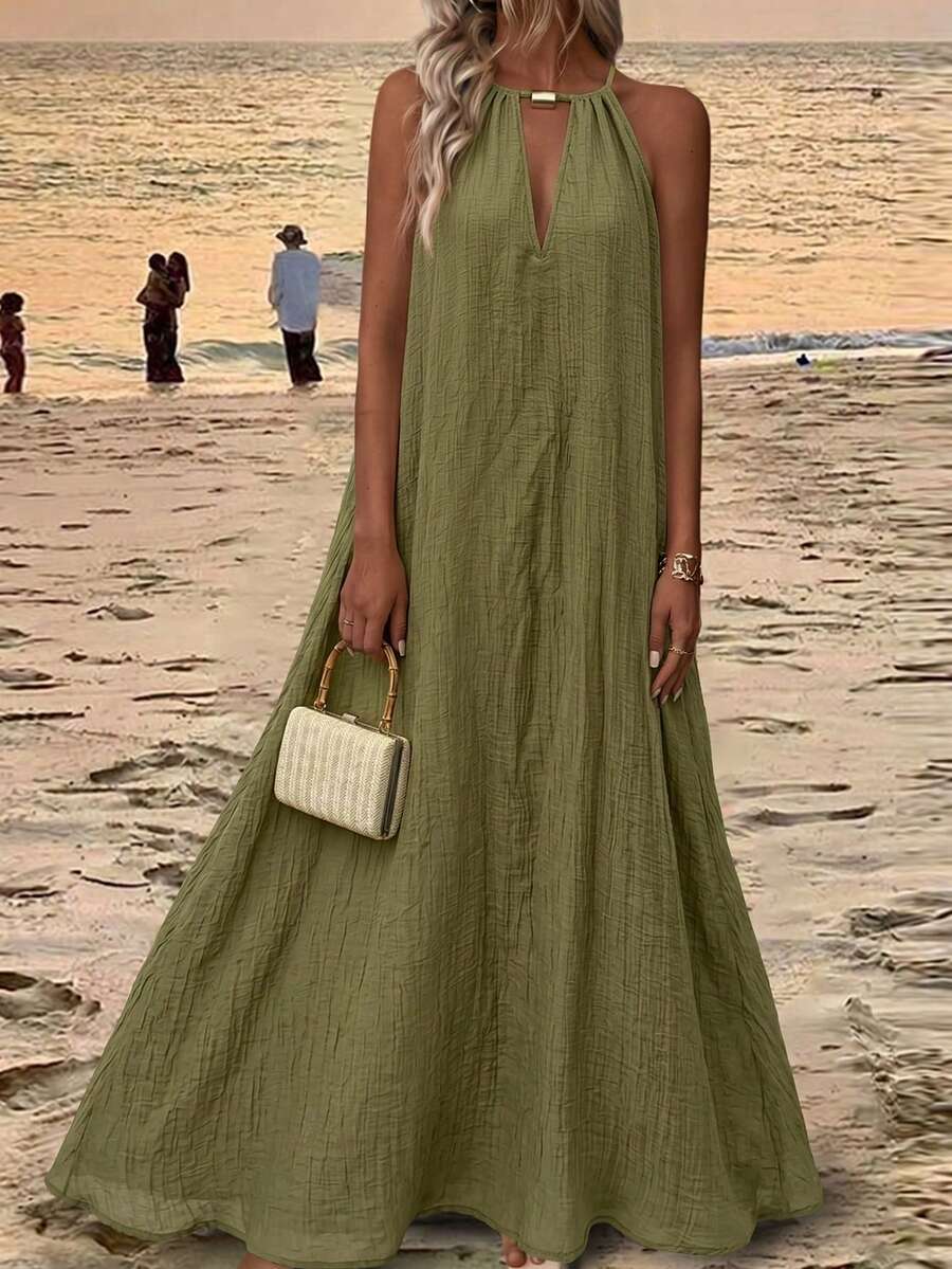 Levarali Women's Textured Metal Decor Sleeveless Dress For Beach Vacation And Music Festival - Army Green - View 1