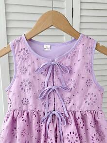 SHEIN 少女休闲日常度假纹理蝴蝶结前襟衬衫 - 紫色 - 查看 3