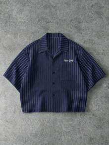 PAVTROS Manfinity Streetrush Men's Short Sleeve Striped Button-Down Shirt,Navy Blue And White,Summer,Casual,Streetwear,City Break Letter Embroidery - Navy Blue - View 5