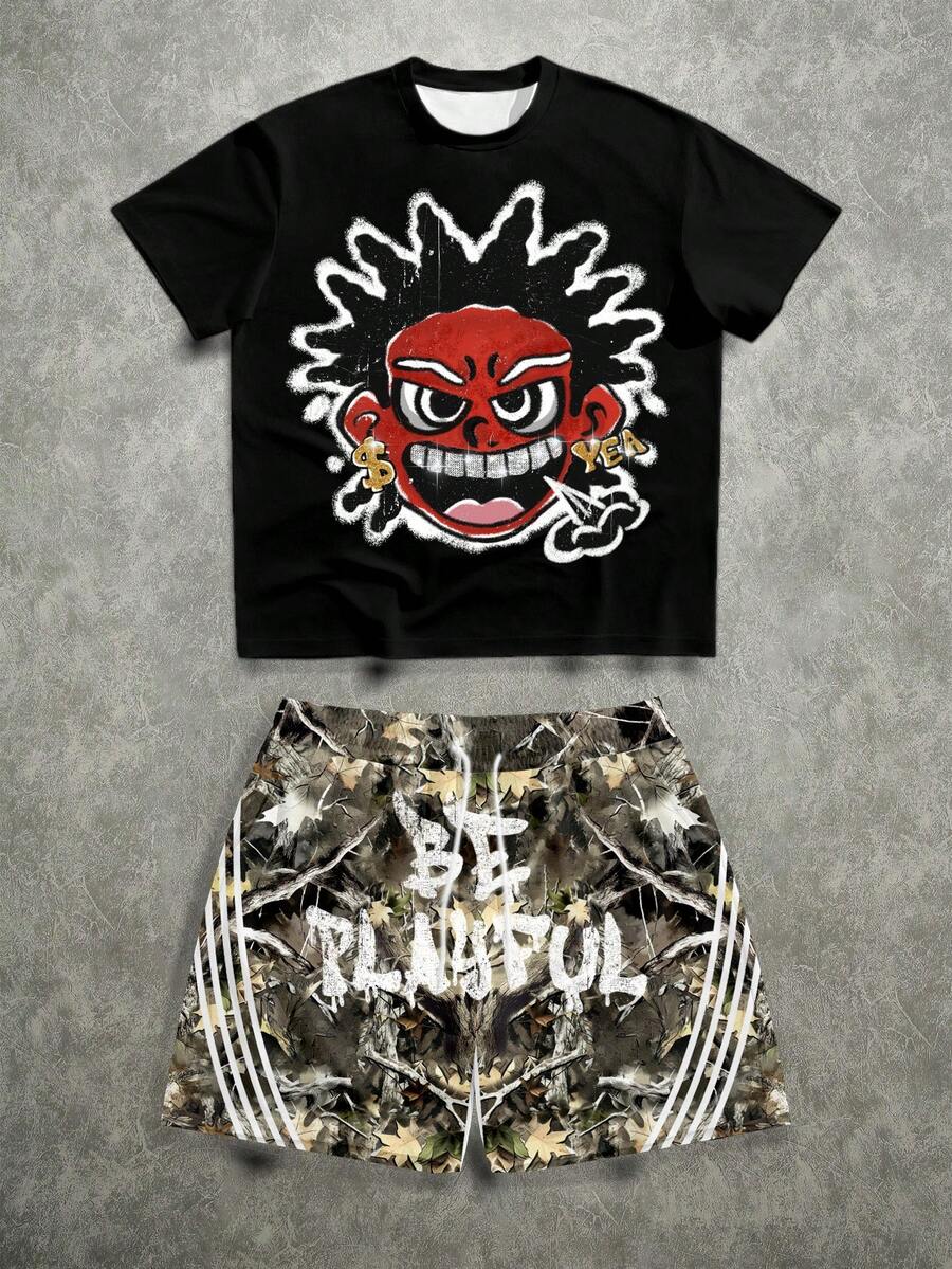 Manfinity ZONE917 男士街頭寬鬆嘻哈卡通頭字母印花T恤短褲套裝(高品質),度假款 - 彩色 - 查看 1