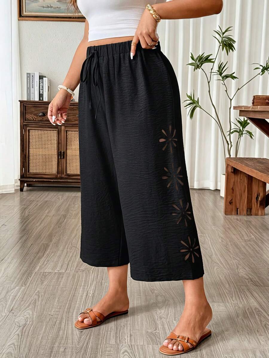 Weeklong Plus Size Summer Casual Elegant Solid Color Textured Hollow Elastic Waist Pants Vacation Black - Black - View 1