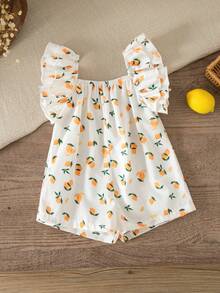 SHEIN Bộ romper bé gái sơ sinh dễ thương mặc thường ngày mùa hè họa tiết trái cây - Màu vàng - Xem 8