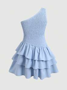 SHEIN Tween Girl Summer Casual Vacation Minimalist Comfortable Layered Ruffle Hem Tube Top Puff Dress Tween Girl Outfit Girls Dress Suitable For Multiple Occasions All Season Wear - Blue - View 2