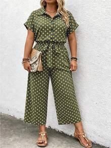 Linhara CURVE Plus Size Women's Polka Dot Shirt Collar Short Sleeve Button Front Tie Decor Jumpsuit - Green - View 5
