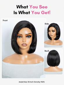Wear & Go Straight Lace Bob Wig With Curtain Bangs 10 Inch Short Straight Bob Wig With 3.5 Inch Side Lace Part Glueless Bob Wig With French Bangs Natural Black Color - Natural Black - View 3