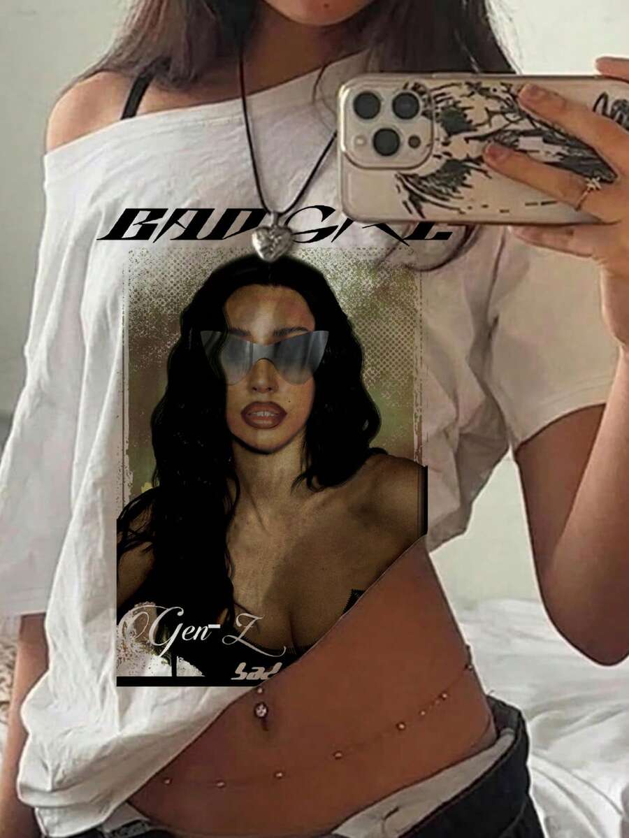 SHEIN EZwear 休閒簡約落肩女款T恤,適合夏季,人像印花,女裝街頭風 - 白色 - 查看 1