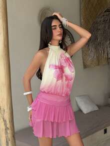 Aloruh Women's Sexy Tropical Elegant Halter Neck Ruched Flounce Hem Mini Dress Beach Vacation Beige Summer - Pink - View 4