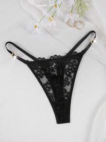 SHEIN 蕾丝花心水钻装饰舒适性感女式丁字裤 - 黑色 - 查看 6