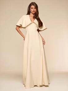 SHEIN BAE Apricot Deep V-Neck Ruffle Shoulder Fitted Long Elegant Umbrella Skirt, Spring/Summer - Apricot - View 7