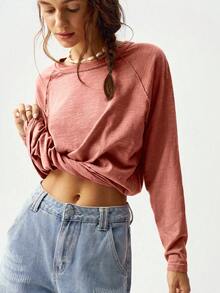 Bohemela Áo thun nữ dáng dài rộng tay dài raglan cổ tròn dệt kim màu trơn phong cách nghỉ dưỡng - Bụi hồng - Xem 8