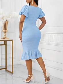 SHEIN Lady 粉色中长修身浅蓝色连衣裙 - 淺藍色 - 查看 2