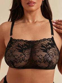 SHEIN BAE CURVE 花卉蕾丝加大码女式性感无钢圈文胸单件性感内衣 - 黑色 - 查看 6