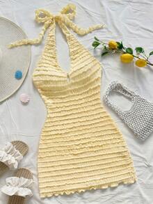 Kids Teen Girls Summer Casual Holiday Beach Vacation Strapless Off-Shoulder Backless Camisole Knit Striped Jacquard Mini Dress, Graduation, Yellow - Yellow - View 5