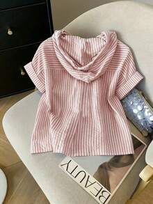 GlowEve Women's Summer Casual Versatile Textured Striped Chiffon Hooded Blouse With Pockets, Short Sleeve - Brown - View 2
