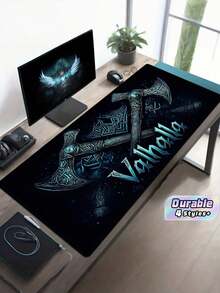 1pc Viking Gaming Desk Mat And Mouse Pad - Nordic Theme Double Axe Design, Featuring Viking Ship And Runic Inscriptions, Non-Slip Rubber Base, Wrist Rest, Washable Polyester Surface, Deep Blue And Golden Viking Art Pattern, Perfect For Gaming Setup And Nordic Enthusiasts. Desk Accessory, Office Supply, Desk Pad, Mouse Pad - multicolor - View 1