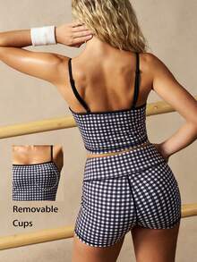 VARSIVA Women's Plaid Sleeveless Crop Top And Shorts Sports Suit, Summer - Black and White - View 3