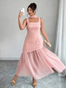 Elenzga Plus Size Women's High Slit Dress, Solid Color Sleeveless Maxi Cover-Up With Scarf, Suitable For Office/Date/Daily Wear, Spring/Summer New Arrival - Pink - View 3