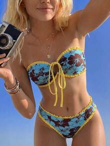 Swim Mod Women's 2pcs Summer Sexy Tropical Bandeau Top With Front Tie And Ruffle Hem, Triangle Bikini Bottom Set Beach Vacation Aqua Blue - Multicolor - View 6