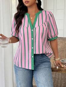 Weeklong Plus Size Women's Spring/Summer Notch Collar Striped Patchwork Contrast Color Casual Vacation Shirt - Multicolor - View 4