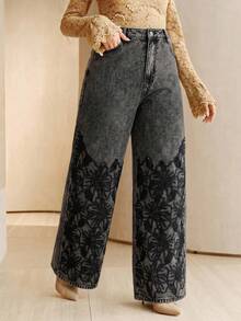 Anewsta Plus Size Women's Spring Valentine's Day High-Waist Fashion Embroidered Hollow-Out Loose Wide-Leg Denim Jeans - Black - View 5