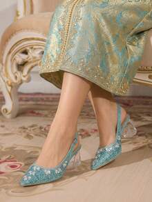 CUCCOO TILAWA Women's Crystal Heel Glass Rhinestone Pointed Toe Blue High Heel Pumps, Suitable For Outings, Banquets, Parties And Other Events - Sky Blue - View 2