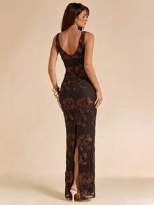 SHEIN BAE Solid Yellow Textured Jacquard Sleeveless Slim Fit Dress, Elegant For Brunch, Wedding Guest Attire, Cocktail Party, Vacation Beach Dress - Coffee Brown - View 2