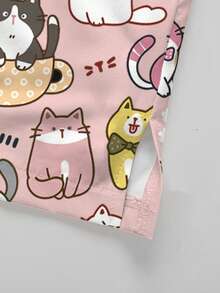 PopScrub Cartoon Katze & Graffiti Muster Hellrosa Mode V-Ausschnitt Kurzarm Tasche mit Ohr Design Spalt Arbeitsoberteil, Hellrosa gerade Bein Hose Damen 2-teiliges Set, Frühling/Sommer Krankenschwester Uniform, Lässiges Hosen Set, Uniform Set - Verschiedenfarbig - Übersicht 4