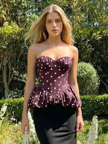 Charm Top bandeau con aros, con volantes asimétricos y estampado romántico de lunares en blanco y negro, para mujeres - Burdeos - Ver 3