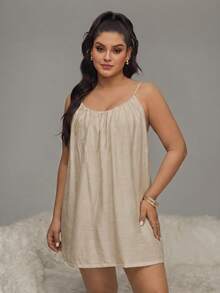 HautHeat Plus Size Summer Backless Spaghetti Strap Sleeveless Pleated Solid Color Nightgown - Khaki - View 3