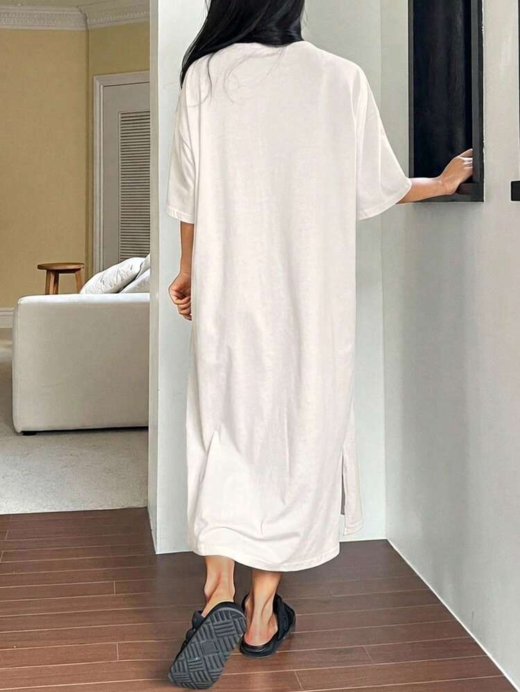 Minimalist Solid Color Loose Hem Split Lounge Dress