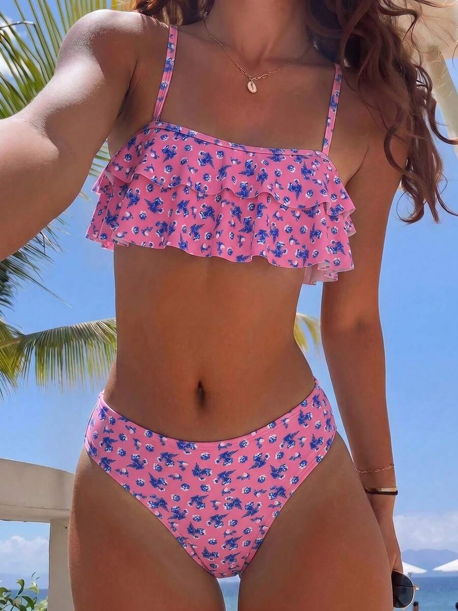 Swim Mod 花卉蕾絲可愛甜美復古休閒度假海灘海邊女款泳衣套裝 - 彩色 - 查看 1