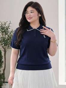 Dazy Plus Solid Color Polo Collar Fitted Short Sleeve Knit Top, Spring, Summer, Autumn - Navy Blue - View 2