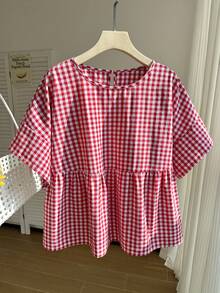 Comfortcana Plus Size Women's Summer Casual Vacation Style Print Babydoll Top - Red - View 8