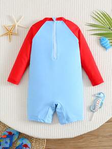 SHEIN Baby Boy Cute Crab Pattern Long Sleeve Rash Guard Swimsuit,Light Blue,Summer,Cute,Vacation,Holiday Contrast Color Striped Bathing Suit For Toddler - Multicolor - View 3