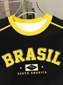 鮮豔陽光黃、金色星芒、黃金海岸、復古時尚綠色BRAZIL字母、對比領、年輕女孩休閒極簡短袖修身圓領T恤，適合春夏日常穿著、外出、運動、世界盃、度假、假日，舒適自在，時尚女孩休閒穿搭，兒童復古運動字母圖案T恤，新風格，返校，輕鬆氛圍 - 彩色 - 查看 4