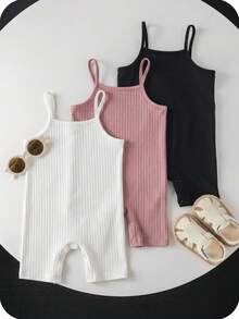 SHEIN Baby Girl Summer Cute Modest Simple Solid Color Elastic Camisole Romper 3pcs Set 1st Birthday Black Baby Pink White - Multicolor - View 7