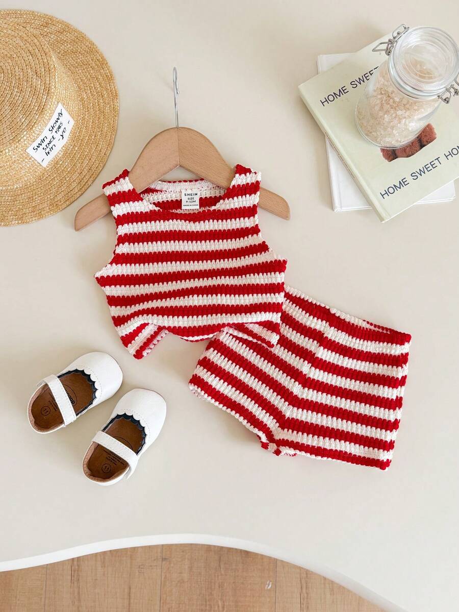 SHEIN LMoss Kids Baby Girl Casual Summer Cute Striped Tank Top And Elastic Waist Shorts Set - Red and White - View 1