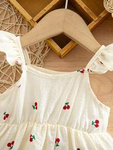 SHEIN Newborn Baby Girl Casual Vacation Cute Cherry Flutter Sleeve Dress - Beige - View 4