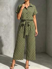 Linhara CURVE Plus Size Women's Polka Dot Shirt Collar Short Sleeve Button Front Tie Decor Jumpsuit - Green - View 1