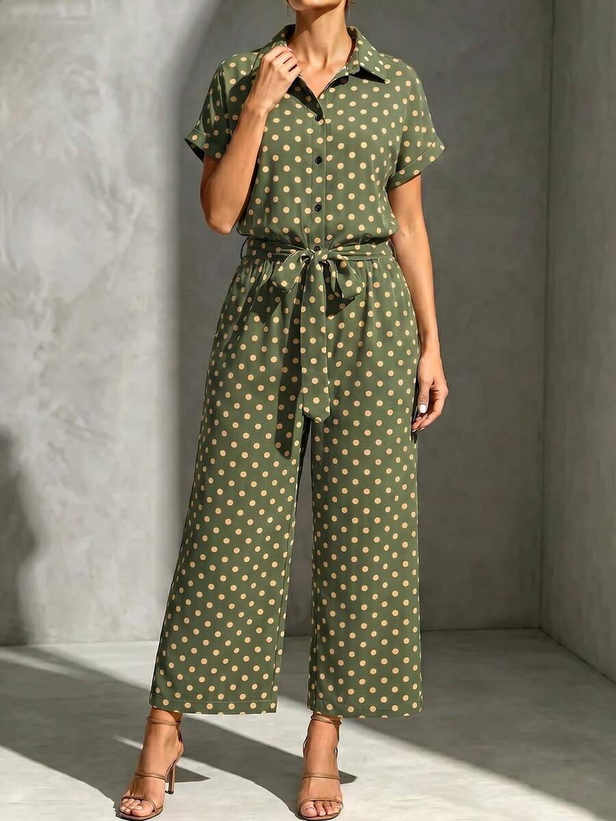 Linhara CURVE Plus Size Women's Polka Dot Shirt Collar Short Sleeve Button Front Tie Decor Jumpsuit - Green - View 1