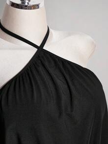 SHEIN ICON Plus Size Women's Solid Color Halter Neck Pleated Sexy Date Party Dress - Black - View 5