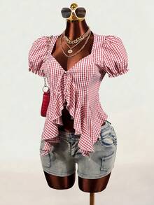 Mistrie Women's Pink And White And Plaid Lace-Up Ruffle Strap Tank Top Vacation Summer Cute - Red - View 8